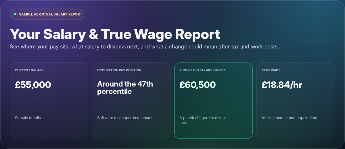 Example PayPrecise Salary and True Wage Report shown with sample salary details